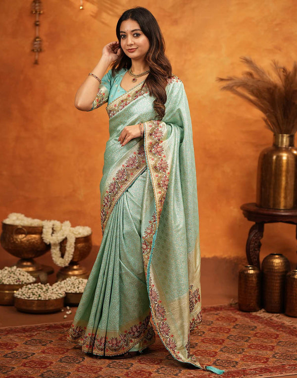 Turquoise Blue Silk Woven Embroidery Stone Work Banarasi Saree