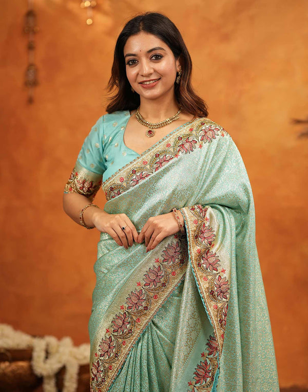 Turquoise Blue Silk Woven Embroidery Stone Work Banarasi Saree