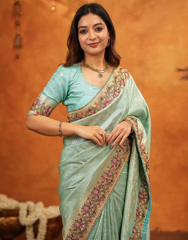 Turquoise Blue Silk Woven Embroidery Stone Work Banarasi Saree