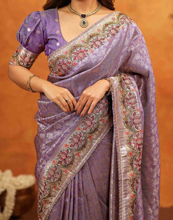 Light Purple Silk Woven Embroidery Stone Work Banarasi Saree