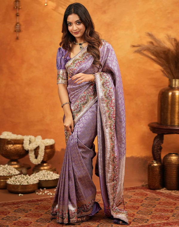 Light Purple Silk Woven Embroidery Stone Work Banarasi Saree