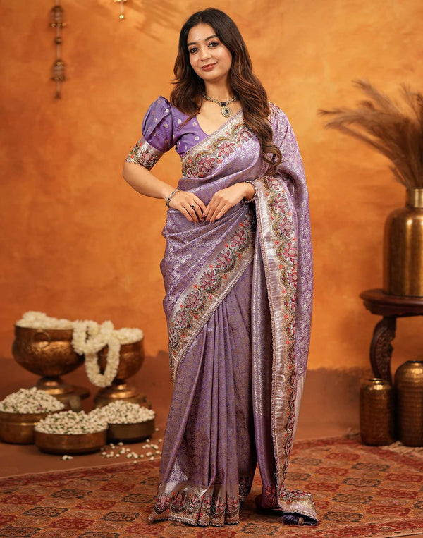 Light Purple Silk Woven Embroidery Stone Work Banarasi Saree