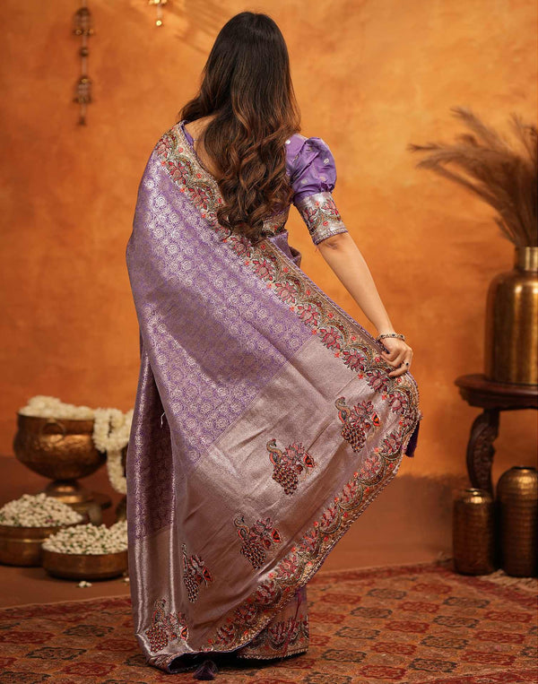 Light Purple Silk Woven Embroidery Stone Work Banarasi Saree