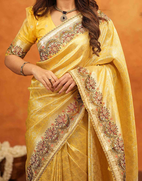 Light Yellow Silk Woven Embroidery Stone Work Banarasi Saree