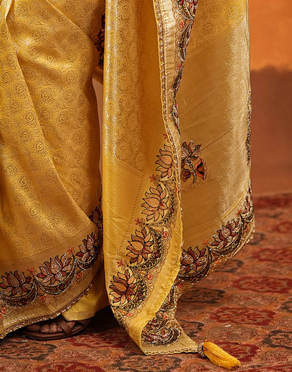 Light Yellow Silk Woven Embroidery Stone Work Banarasi Saree