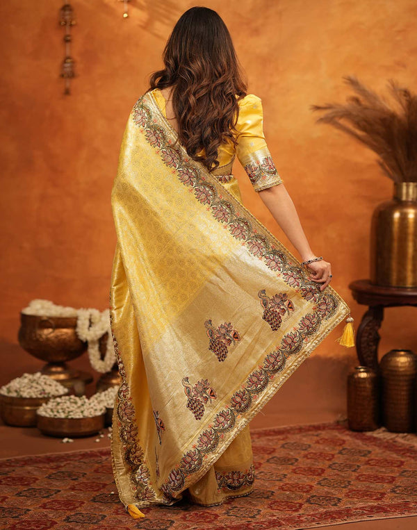 Light Yellow Silk Woven Embroidery Stone Work Banarasi Saree