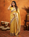 Light Yellow Silk Woven Embroidery Stone Work Banarasi Saree