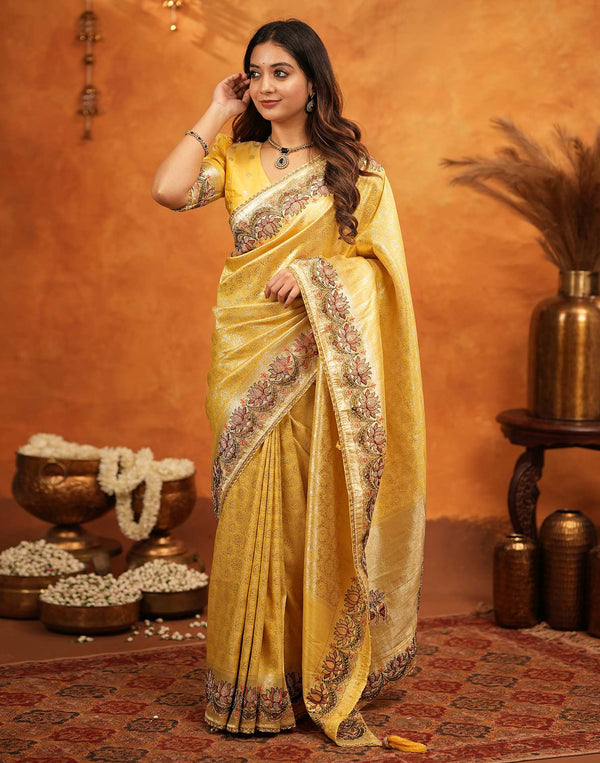 Light Yellow Silk Woven Embroidery Stone Work Banarasi Saree