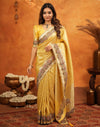 Light Yellow Silk Woven Embroidery Stone Work Banarasi Saree