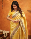 Light Yellow Silk Woven Embroidery Stone Work Banarasi Saree