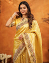 Light Yellow Silk Woven Embroidery Stone Work Banarasi Saree