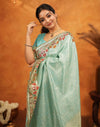 Turquoise Blue Silk Woven Embroidery Stone Work Banarasi Saree