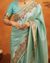 Turquoise Blue Silk Woven Embroidery Stone Work Banarasi Saree