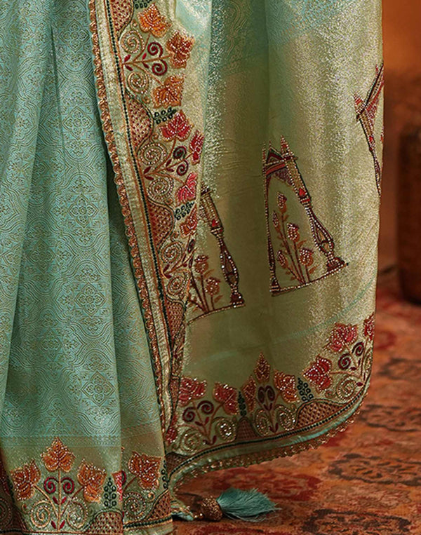 Turquoise Blue Silk Woven Embroidery Stone Work Banarasi Saree