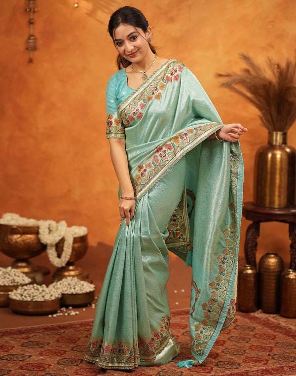 Turquoise Blue Silk Woven Embroidery Stone Work Banarasi Saree