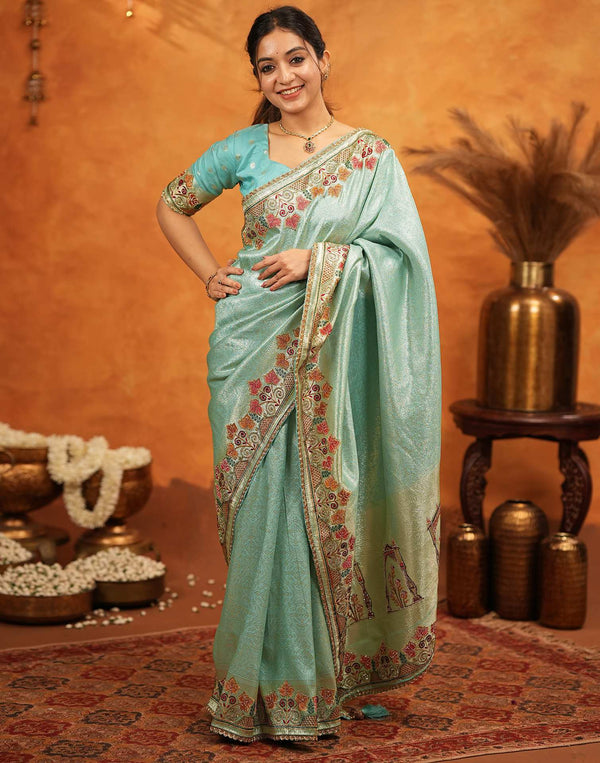 Turquoise Blue Silk Woven Embroidery Stone Work Banarasi Saree