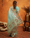 Turquoise Blue Silk Woven Embroidery Stone Work Banarasi Saree
