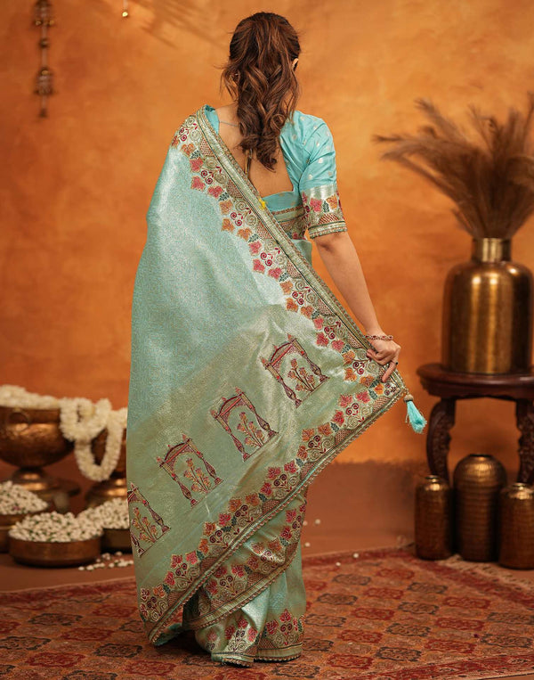 Turquoise Blue Silk Woven Embroidery Stone Work Banarasi Saree