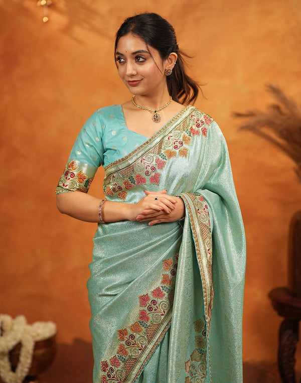 Turquoise Blue Silk Woven Embroidery Stone Work Banarasi Saree