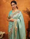 Turquoise Blue Silk Woven Embroidery Stone Work Banarasi Saree