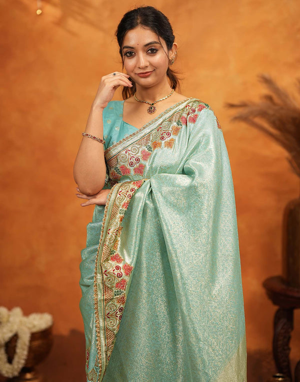 Turquoise Blue Silk Woven Embroidery Stone Work Banarasi Saree