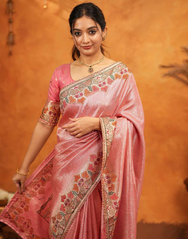Light Pink Silk Woven Embroidery Stone Work Banarasi Saree