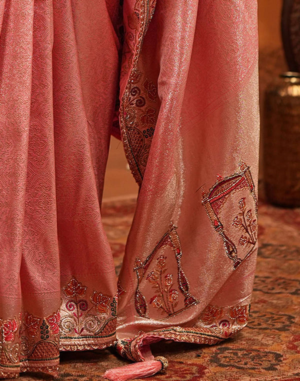 Light Pink Silk Woven Embroidery Stone Work Banarasi Saree