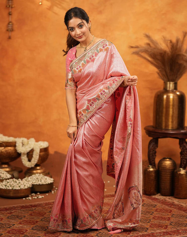 Light Pink Silk Woven Embroidery Stone Work Banarasi Saree