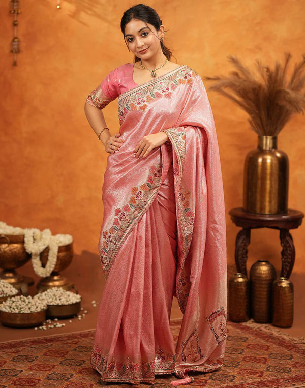Light Pink Silk Woven Embroidery Stone Work Banarasi Saree