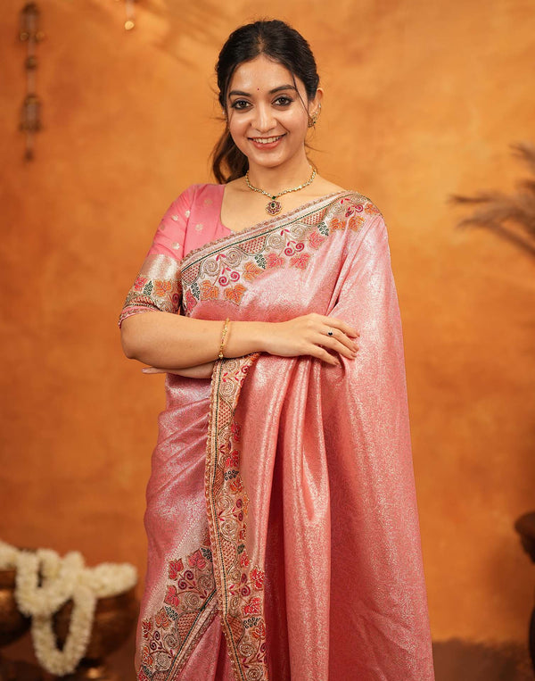 Light Pink Silk Woven Embroidery Stone Work Banarasi Saree