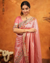 Light Pink Silk Woven Embroidery Stone Work Banarasi Saree