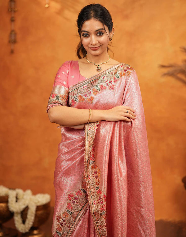 Light Pink Silk Woven Embroidery Stone Work Banarasi Saree