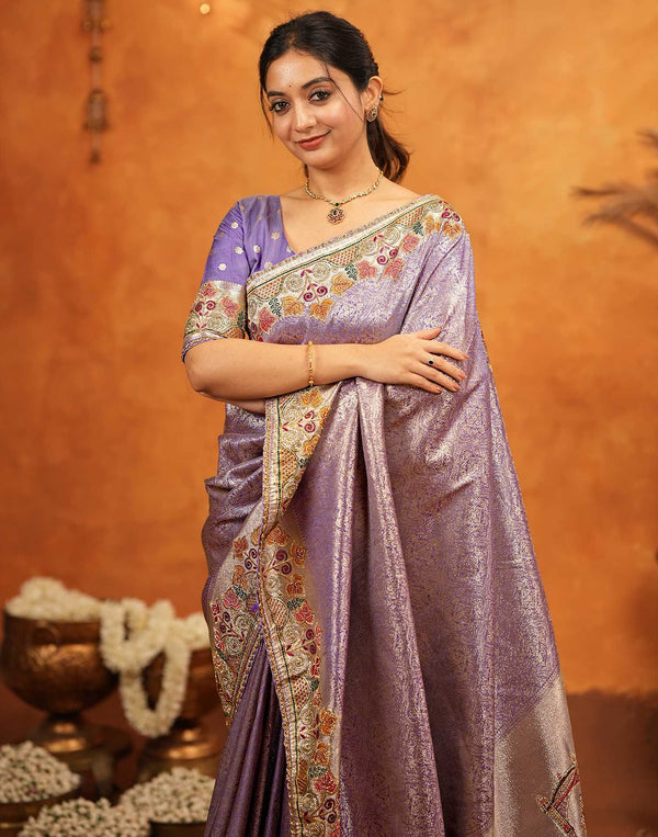 Dark Mauve Silk Woven Embroidery Stone Work Banarasi Saree