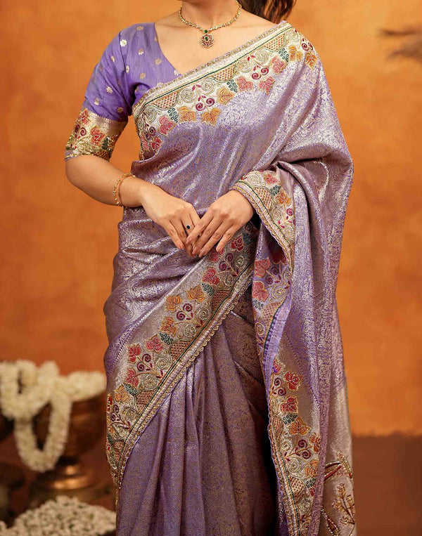 Dark Mauve Silk Woven Embroidery Stone Work Banarasi Saree