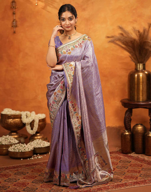Dark Mauve Silk Woven Embroidery Stone Work Banarasi Saree