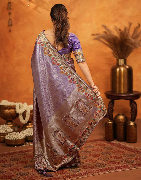 Dark Mauve Silk Woven Embroidery Stone Work Banarasi Saree