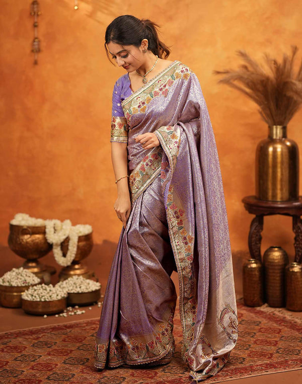 Dark Mauve Silk Woven Embroidery Stone Work Banarasi Saree