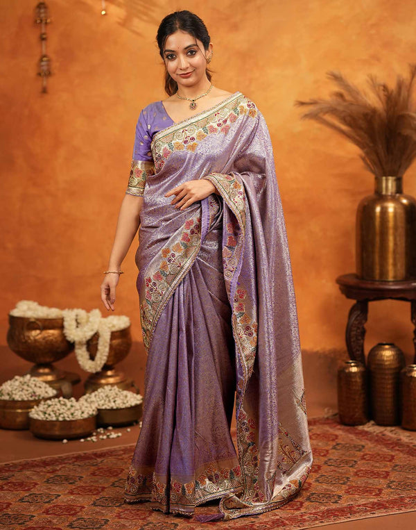 Dark Mauve Silk Woven Embroidery Stone Work Banarasi Saree