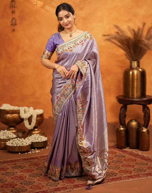 Dark Mauve Silk Woven Embroidery Stone Work Banarasi Saree