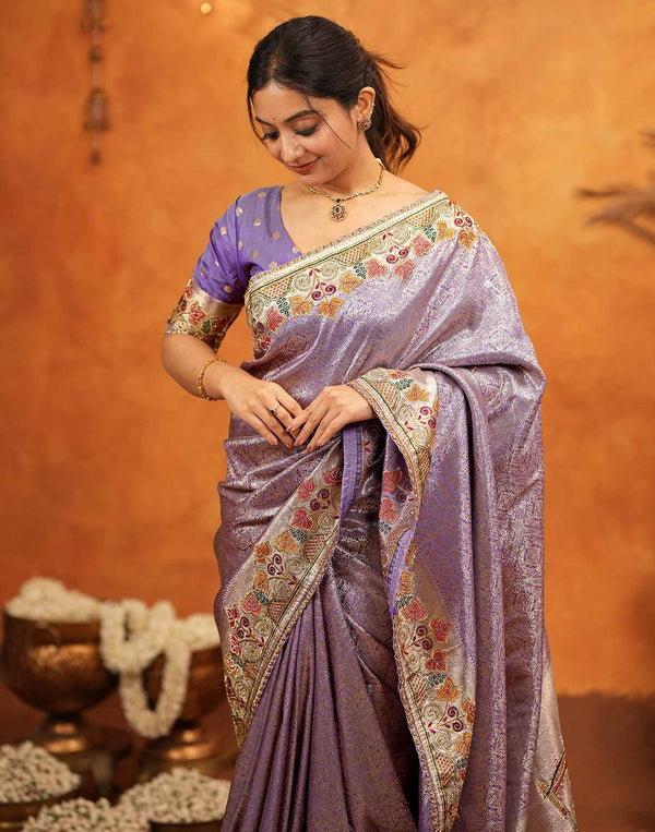 Dark Mauve Silk Woven Embroidery Stone Work Banarasi Saree