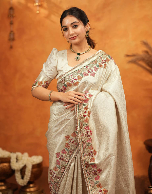 Off White Silk Woven Embroidery Stone Work Banarasi Saree