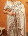 Off White Silk Woven Embroidery Stone Work Banarasi Saree