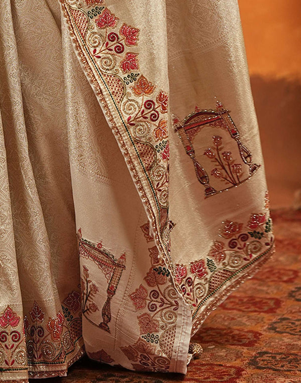 Off White Silk Woven Embroidery Stone Work Banarasi Saree