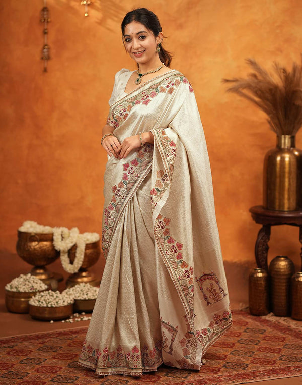 Off White Silk Woven Embroidery Stone Work Banarasi Saree