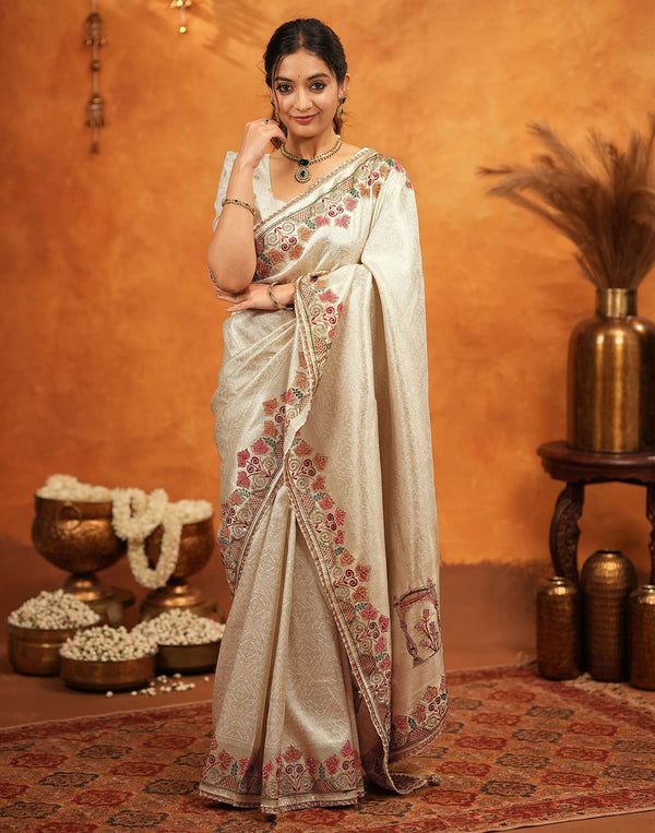 Off White Silk Woven Embroidery Stone Work Banarasi Saree