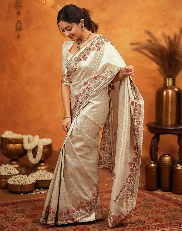 Off White Silk Woven Embroidery Stone Work Banarasi Saree