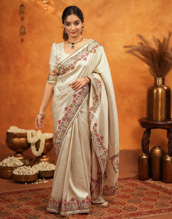 Off White Silk Woven Embroidery Stone Work Banarasi Saree