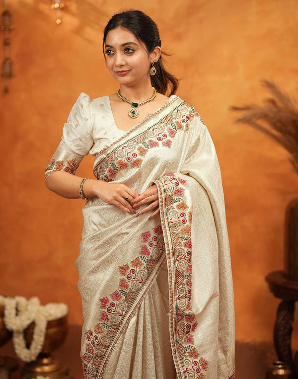 Off White Silk Woven Embroidery Stone Work Banarasi Saree