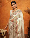 Off White Silk Woven Embroidery Stone Work Banarasi Saree