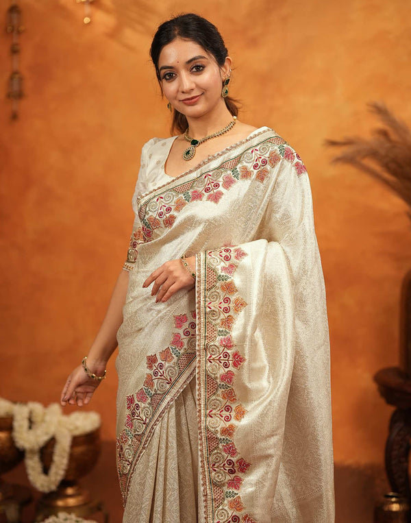 Off White Silk Woven Embroidery Stone Work Banarasi Saree